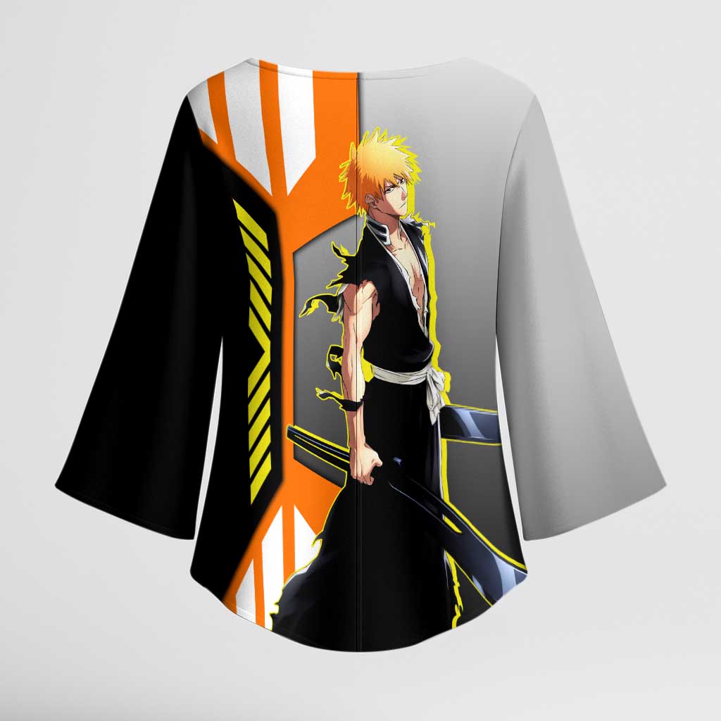Ichigo Kurosaki from Bleach Kimono Sleeve Blouse with Sword and Battle Ready Pose Design - The Mazicc