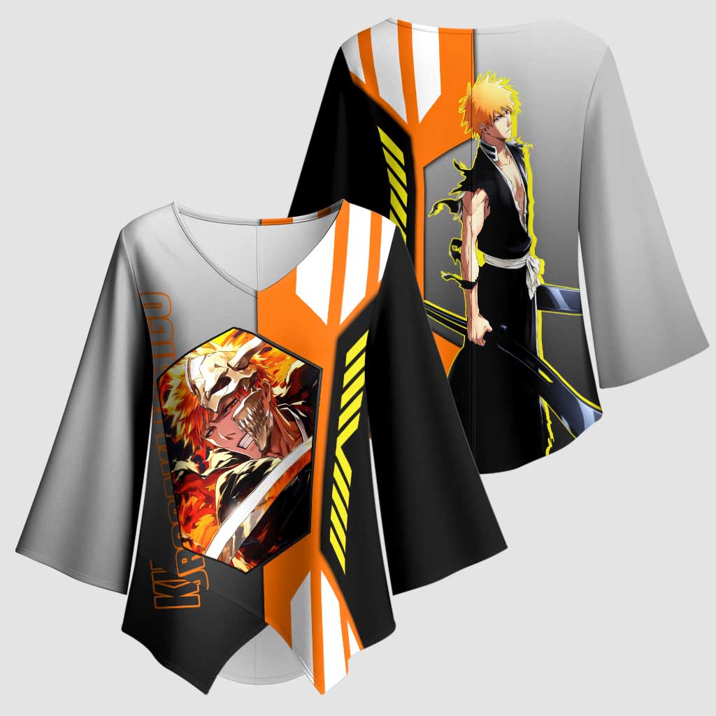 Ichigo Kurosaki from Bleach Kimono Sleeve Blouse with Sword and Battle Ready Pose Design - The Mazicc