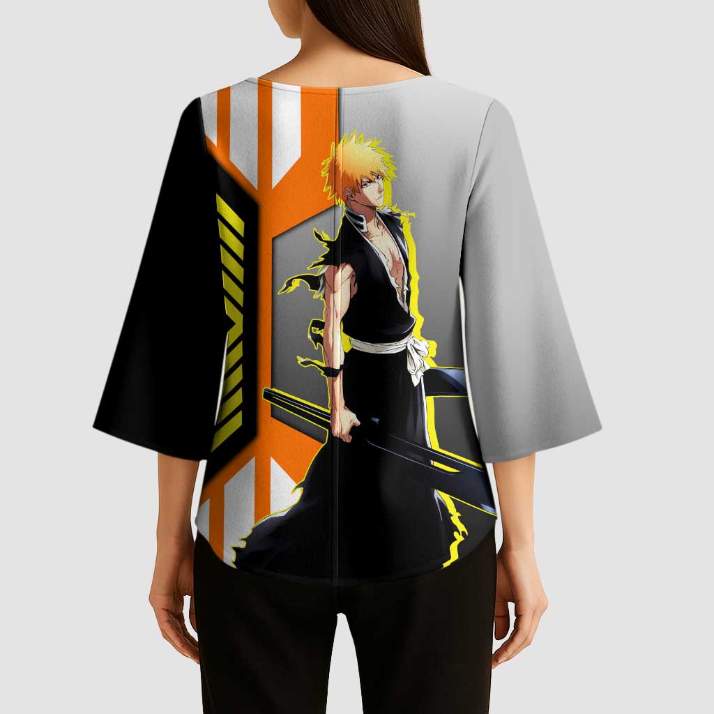 Ichigo Kurosaki from Bleach Kimono Sleeve Blouse with Sword and Battle Ready Pose Design - The Mazicc