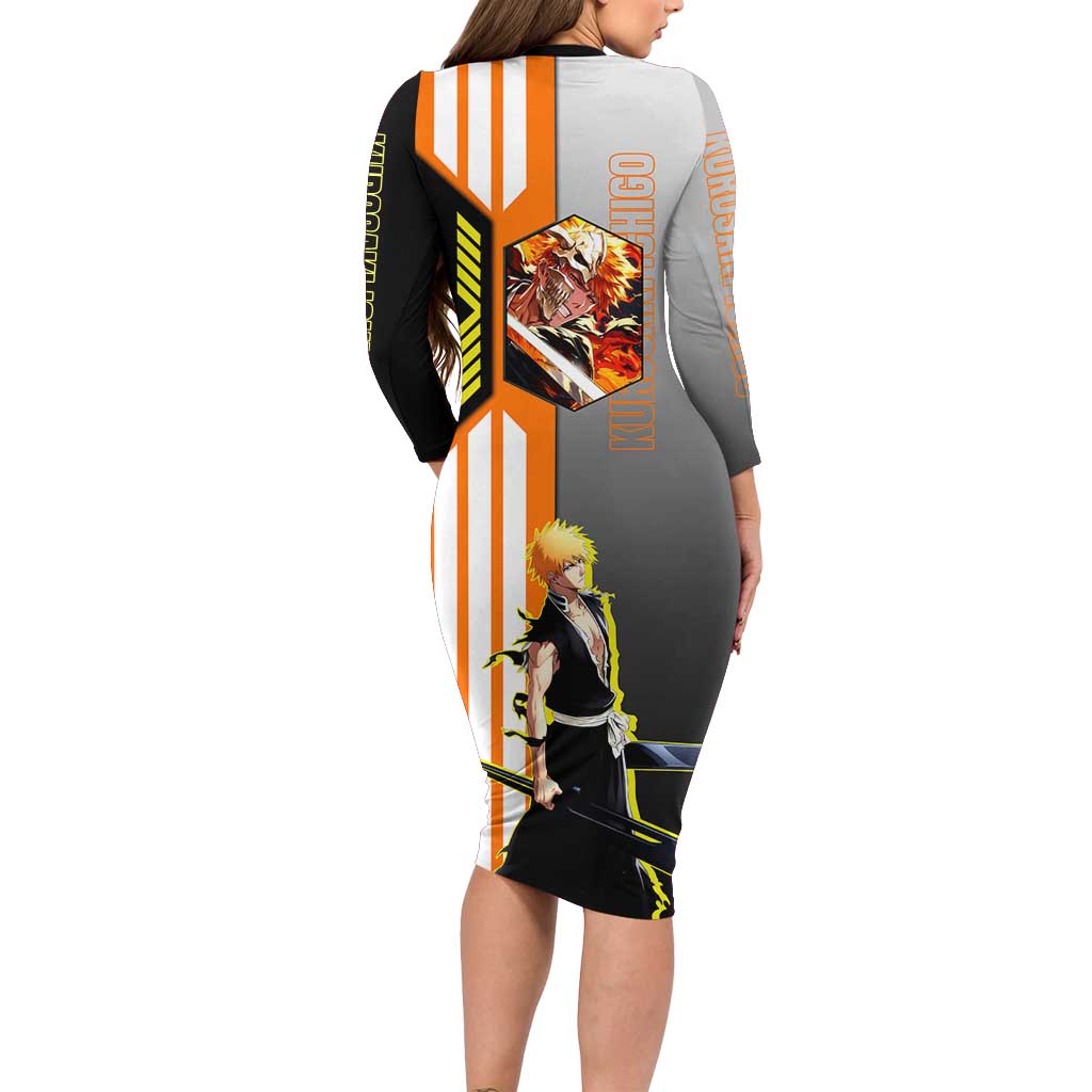 Ichigo Kurosaki from Bleach Long Sleeve Bodycon Dress with Sword and Battle Ready Pose Design - The Mazicc