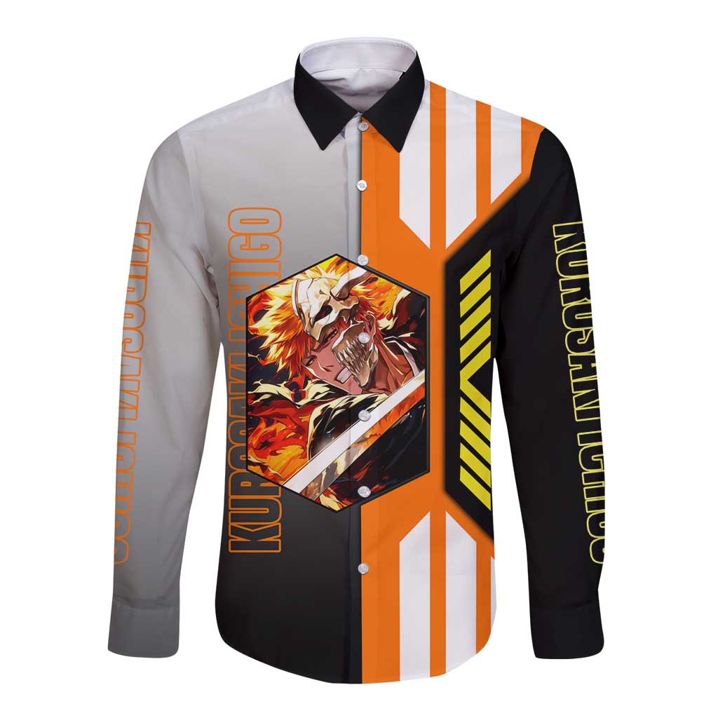 Ichigo Kurosaki from Bleach Long Sleeve Button Shirt with Sword and Battle Ready Pose Design - The Mazicc