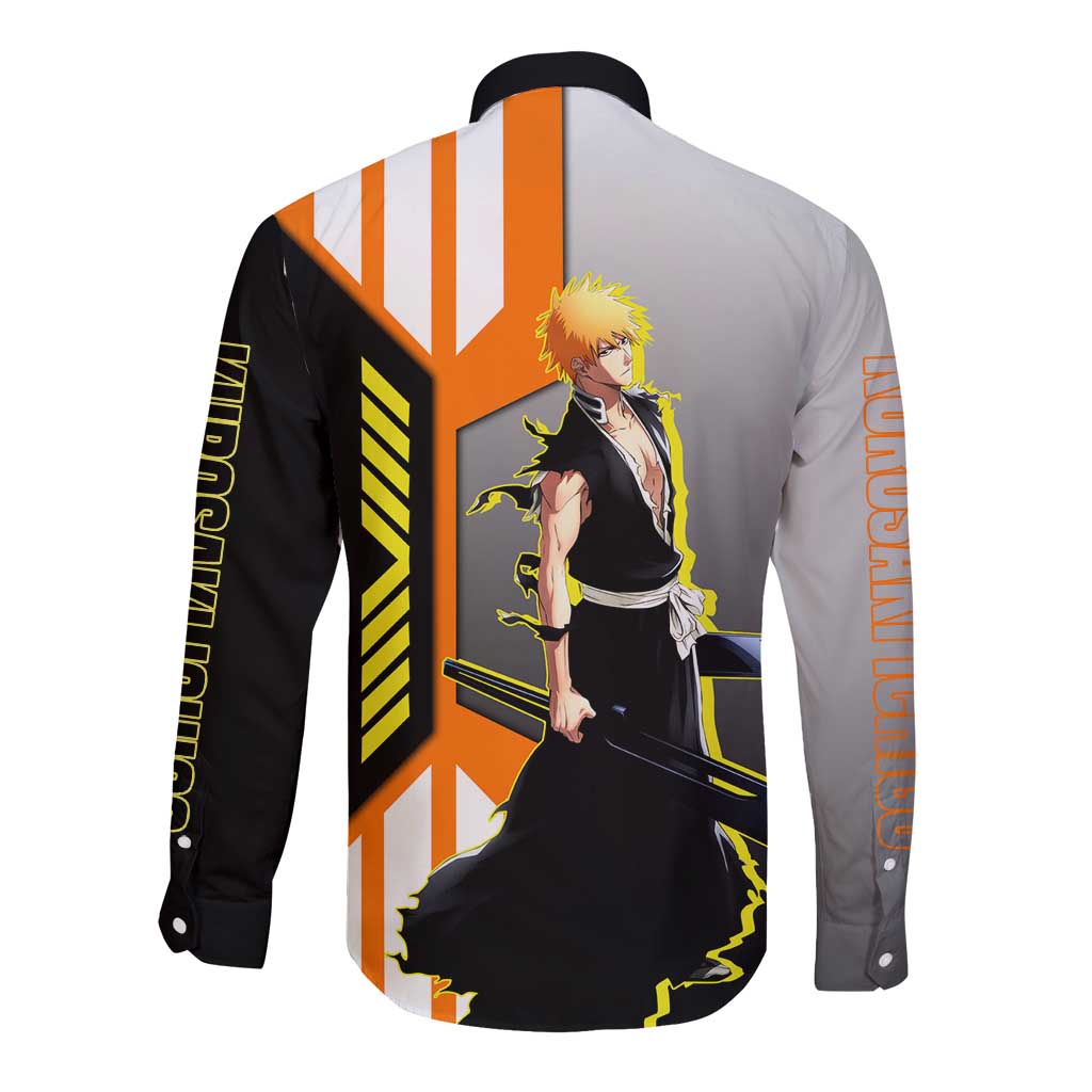 Ichigo Kurosaki from Bleach Long Sleeve Button Shirt with Sword and Battle Ready Pose Design - The Mazicc