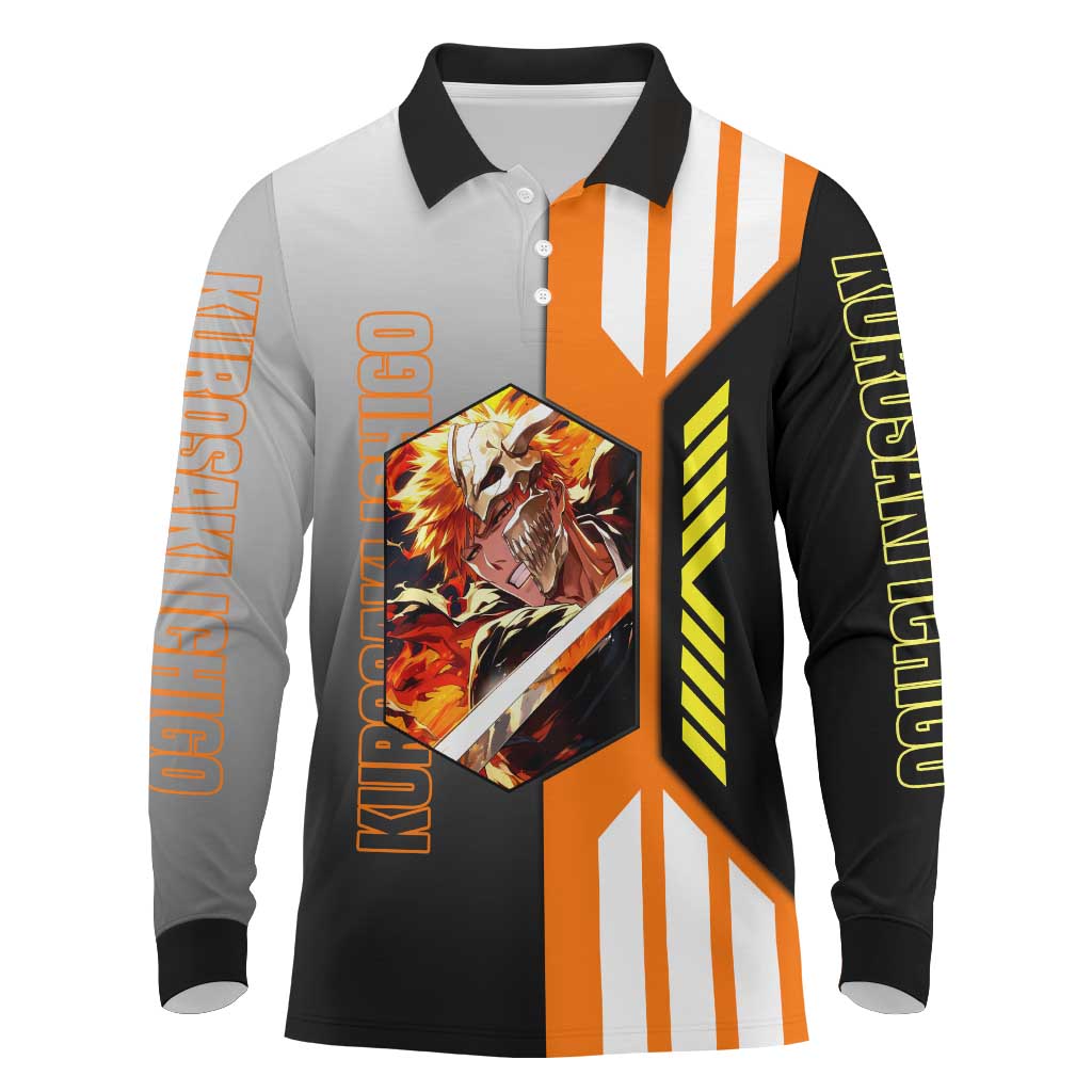 Ichigo Kurosaki from Bleach Long Sleeve Polo Shirt with Sword and Battle Ready Pose Design - The Mazicc