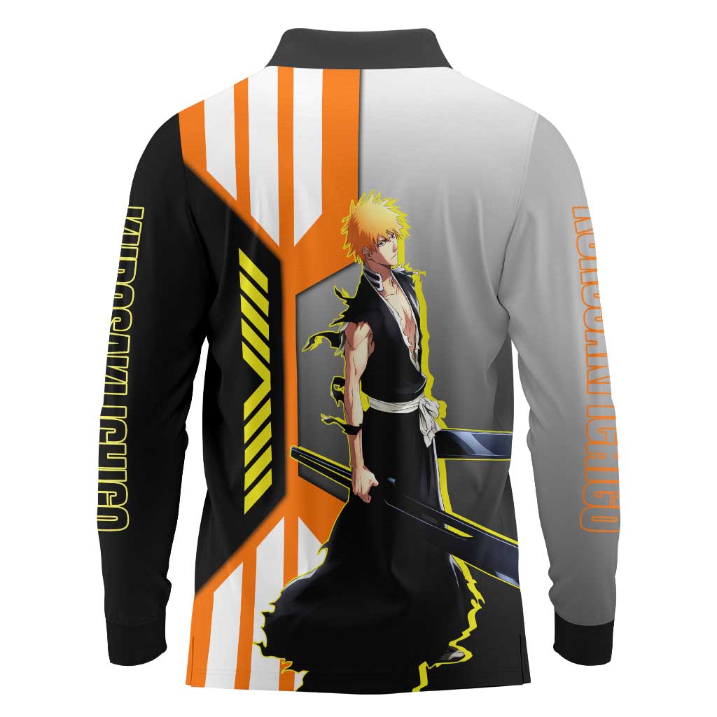 Ichigo Kurosaki from Bleach Long Sleeve Polo Shirt with Sword and Battle Ready Pose Design - The Mazicc