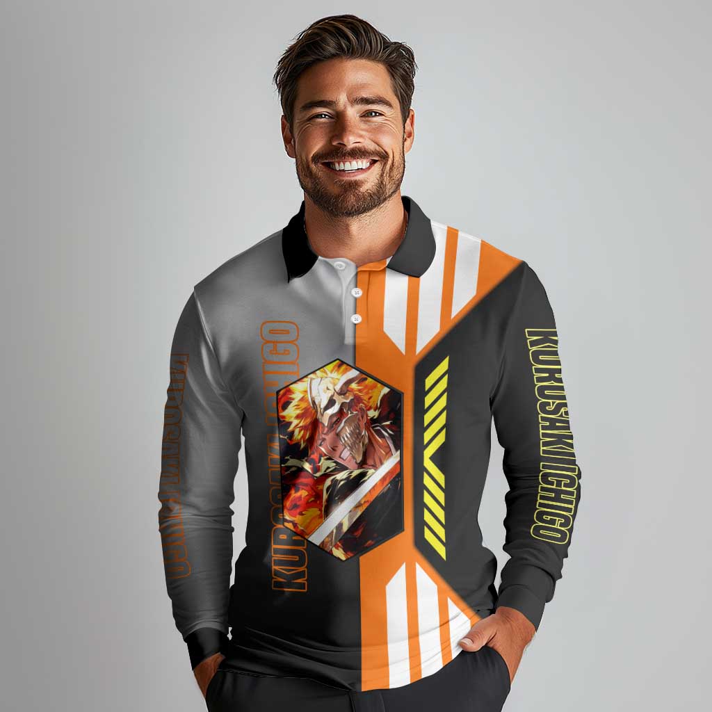 Ichigo Kurosaki from Bleach Long Sleeve Polo Shirt with Sword and Battle Ready Pose Design - The Mazicc