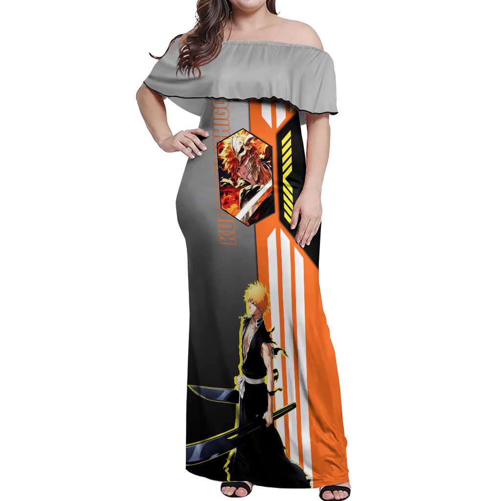 Ichigo Kurosaki from Bleach Off Shoulder Maxi Dress with Sword and Battle Ready Pose Design - The Mazicc
