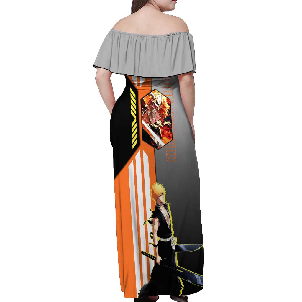Ichigo Kurosaki from Bleach Off Shoulder Maxi Dress with Sword and Battle Ready Pose Design - The Mazicc