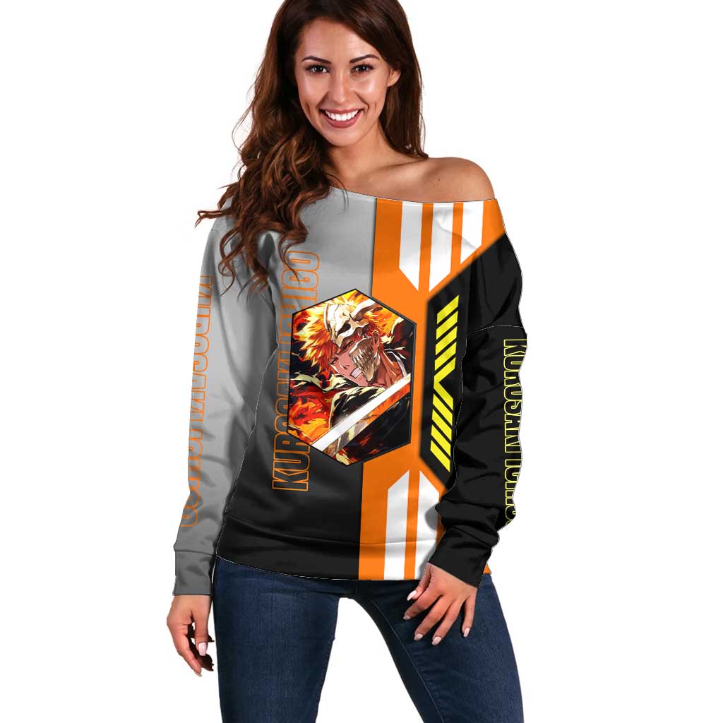 Ichigo Kurosaki from Bleach Off Shoulder Sweater with Sword and Battle Ready Pose Design - The Mazicc