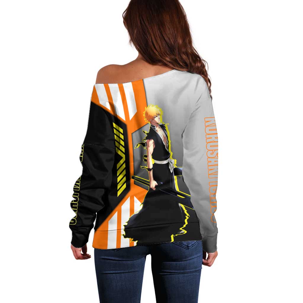 Ichigo Kurosaki from Bleach Off Shoulder Sweater with Sword and Battle Ready Pose Design - The Mazicc