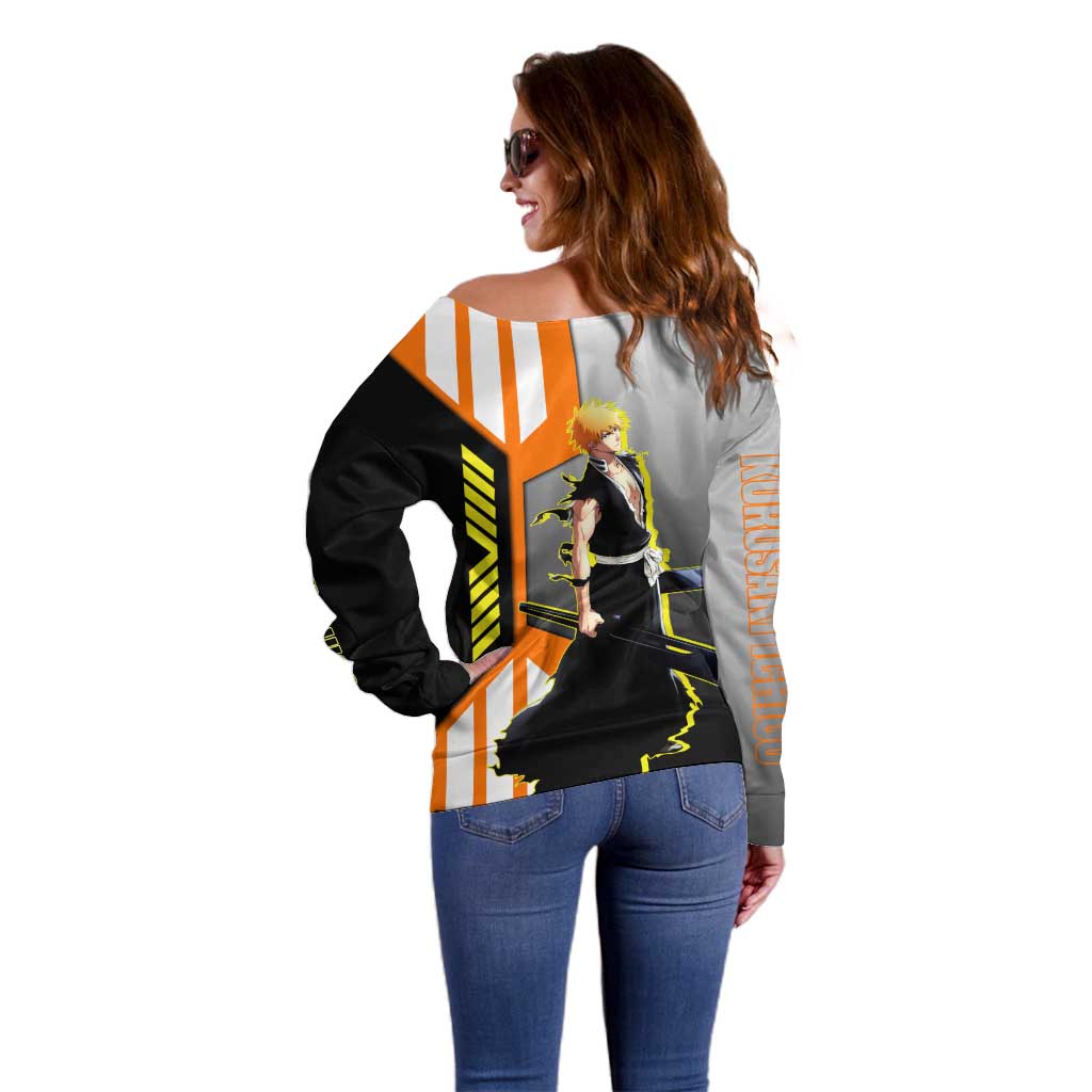 Ichigo Kurosaki from Bleach Off Shoulder Sweater with Sword and Battle Ready Pose Design - The Mazicc