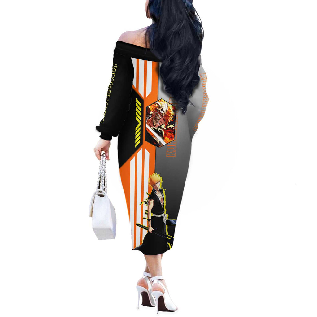 Ichigo Kurosaki from Bleach Off The Shoulder Long Sleeve Dress with Sword and Battle Ready Pose Design - The Mazicc