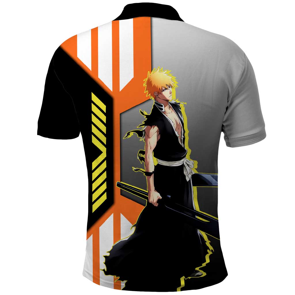 Ichigo Kurosaki from Bleach Polo Shirt with Sword and Battle Ready Pose Design - The Mazicc