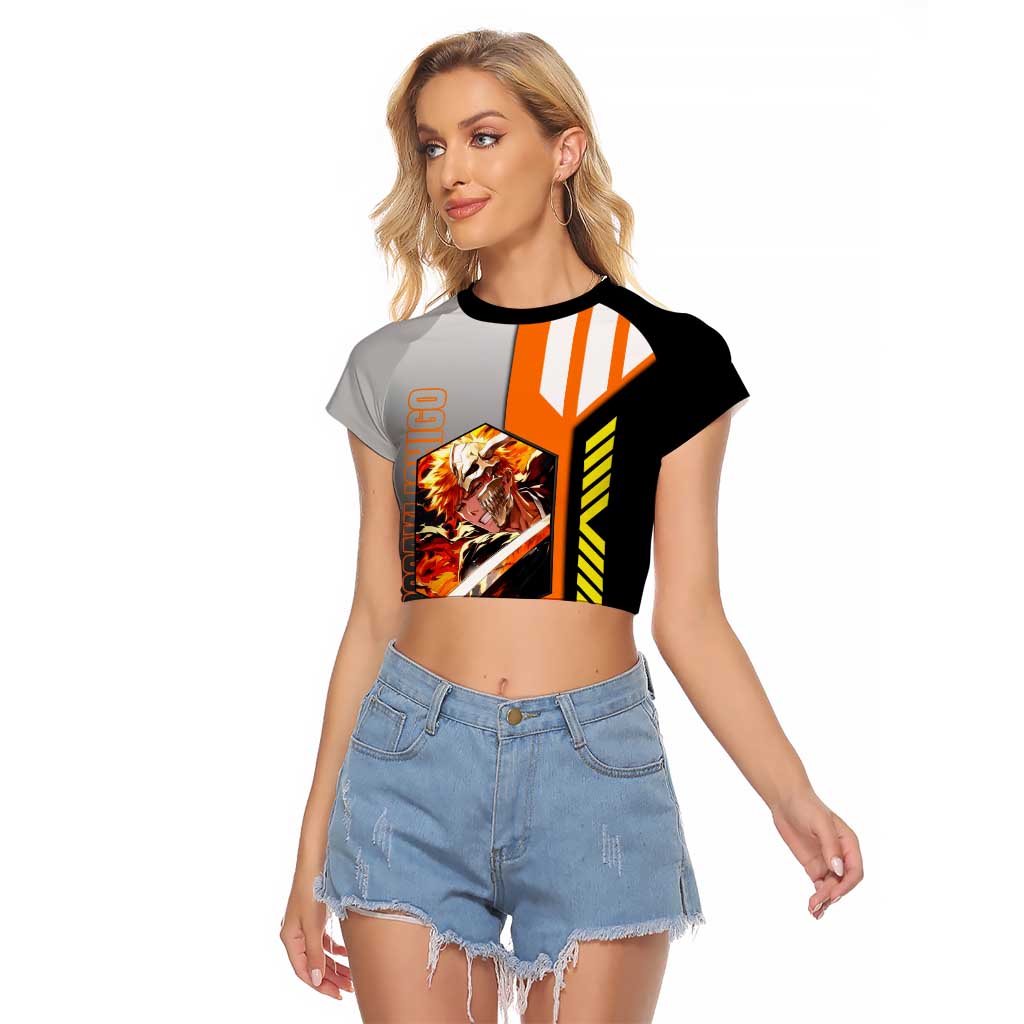 Ichigo Kurosaki from Bleach Raglan Cropped T Shirt with Sword and Battle Ready Pose Design - The Mazicc