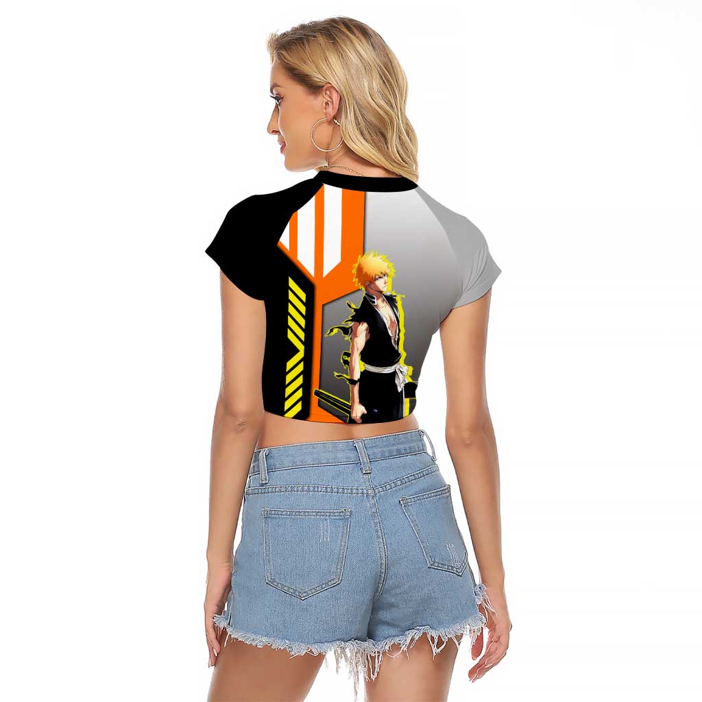 Ichigo Kurosaki from Bleach Raglan Cropped T Shirt with Sword and Battle Ready Pose Design - The Mazicc
