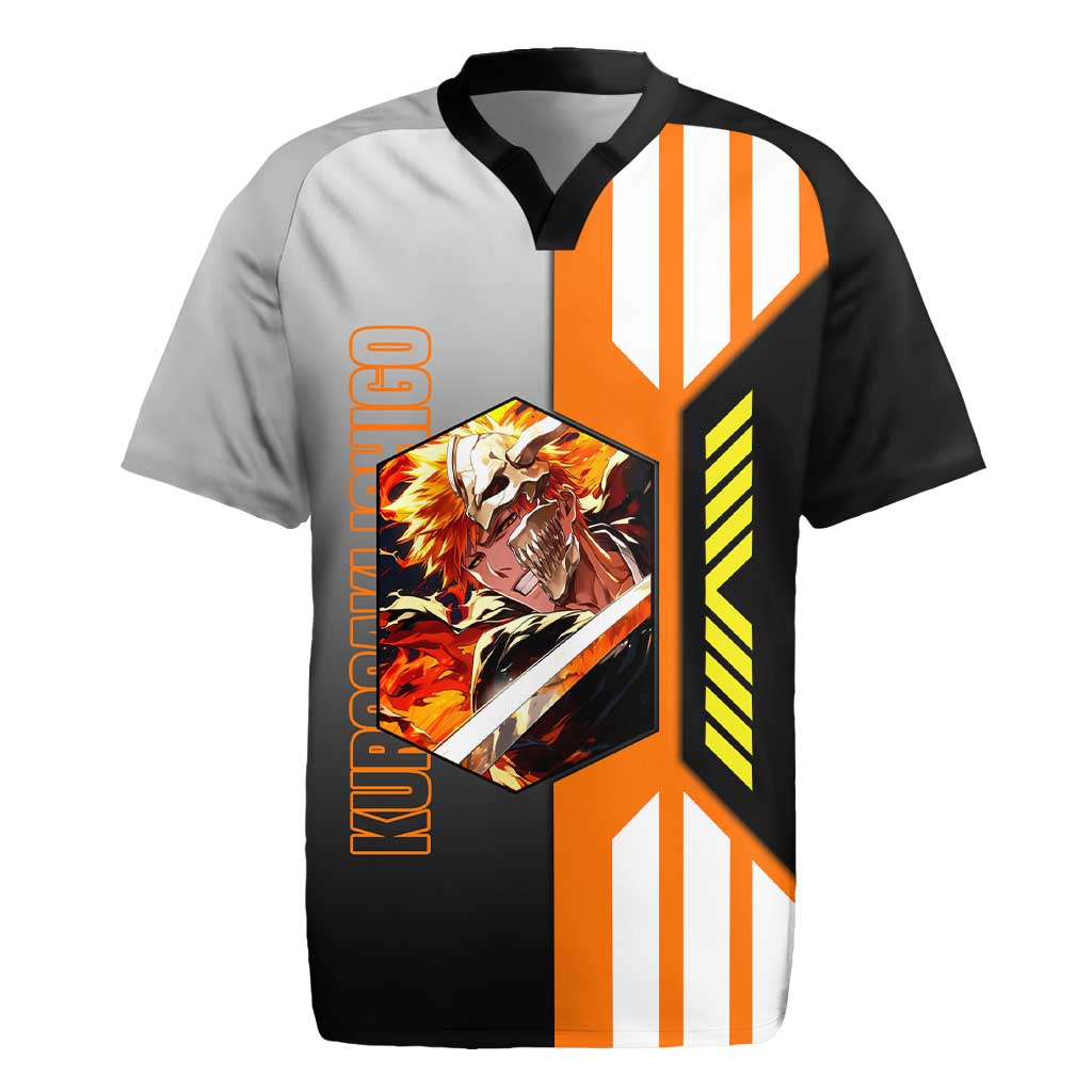 Ichigo Kurosaki from Bleach Rugby Jersey with Sword and Battle Ready Pose Design - The Mazicc