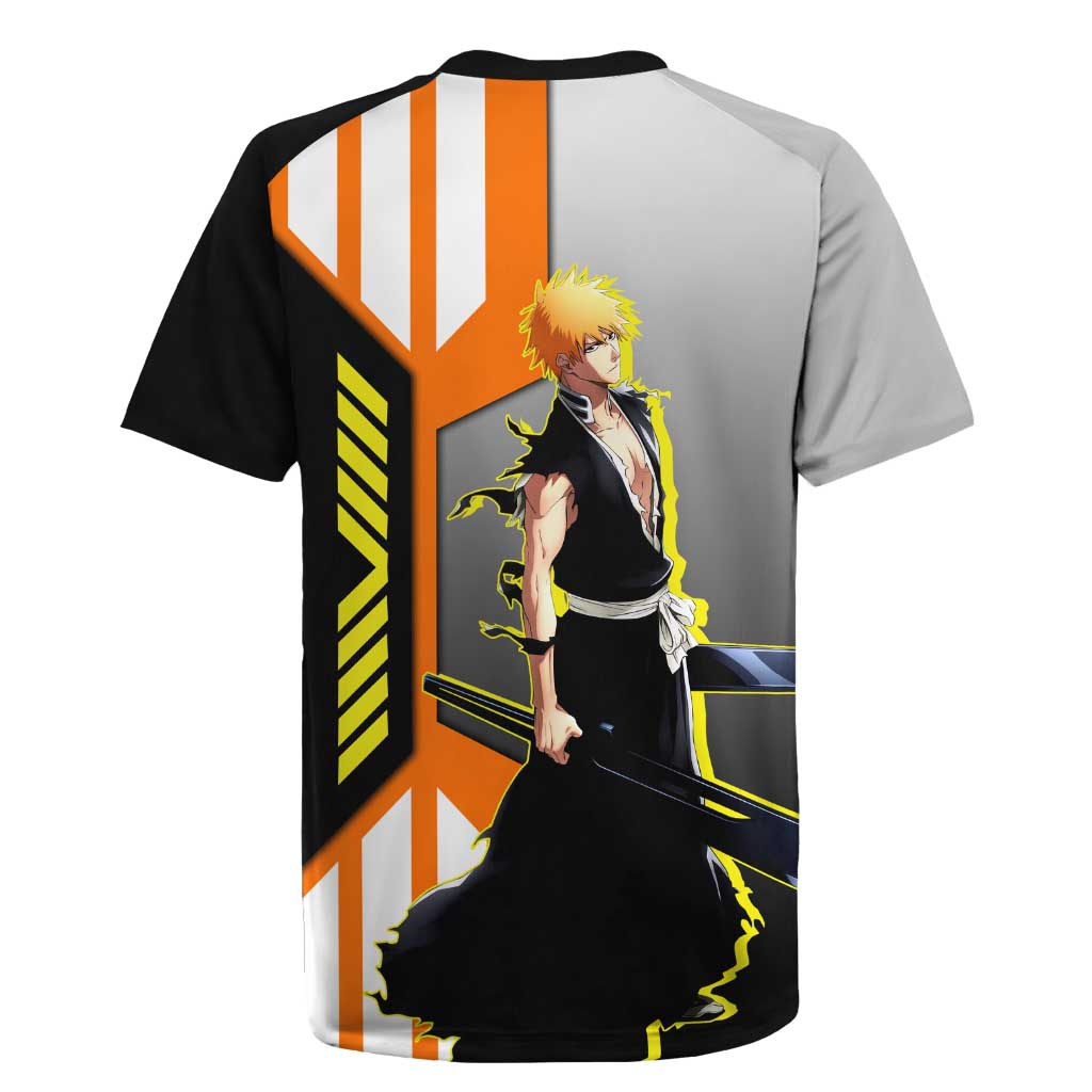 Ichigo Kurosaki from Bleach Rugby Jersey with Sword and Battle Ready Pose Design - The Mazicc