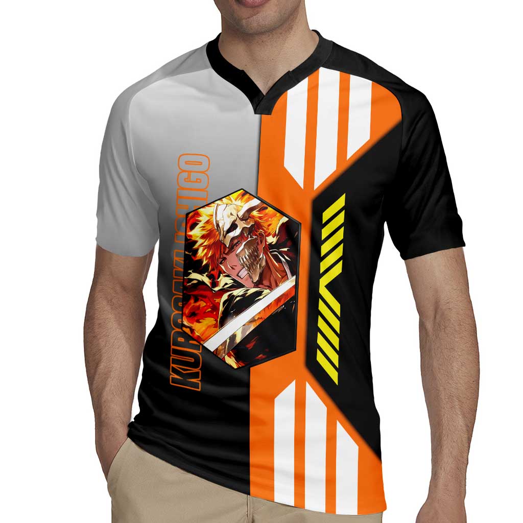 Ichigo Kurosaki from Bleach Rugby Jersey with Sword and Battle Ready Pose Design - The Mazicc