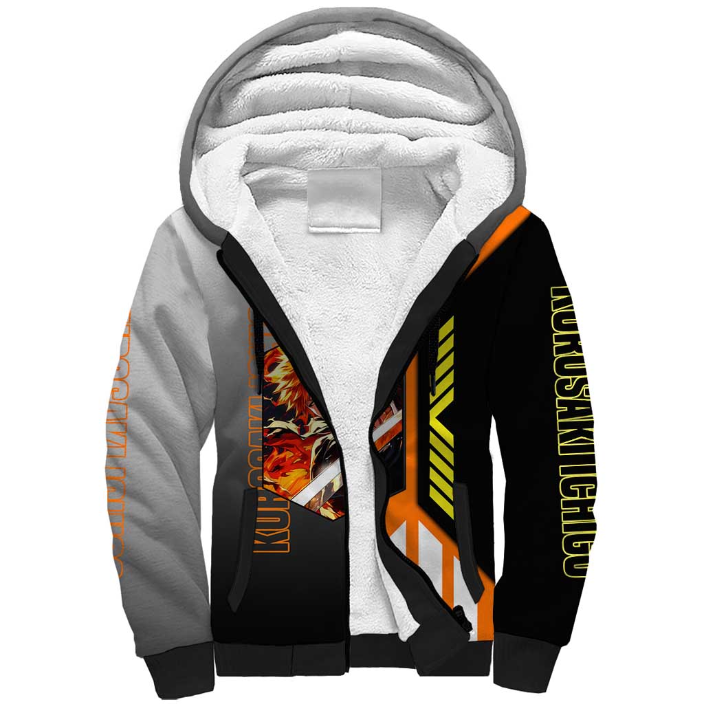 Ichigo Kurosaki from Bleach Sherpa Hoodie with Sword and Battle Ready Pose Design - The Mazicc