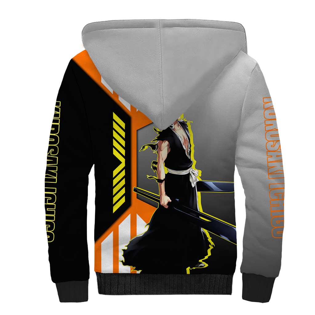 Ichigo Kurosaki from Bleach Sherpa Hoodie with Sword and Battle Ready Pose Design - The Mazicc