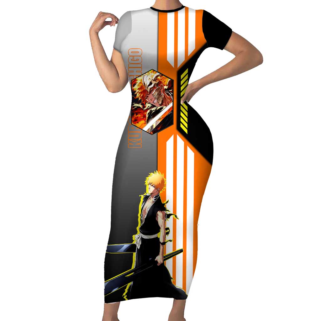 Ichigo Kurosaki from Bleach Short Sleeve Bodycon Dress with Sword and Battle Ready Pose Design - The Mazicc