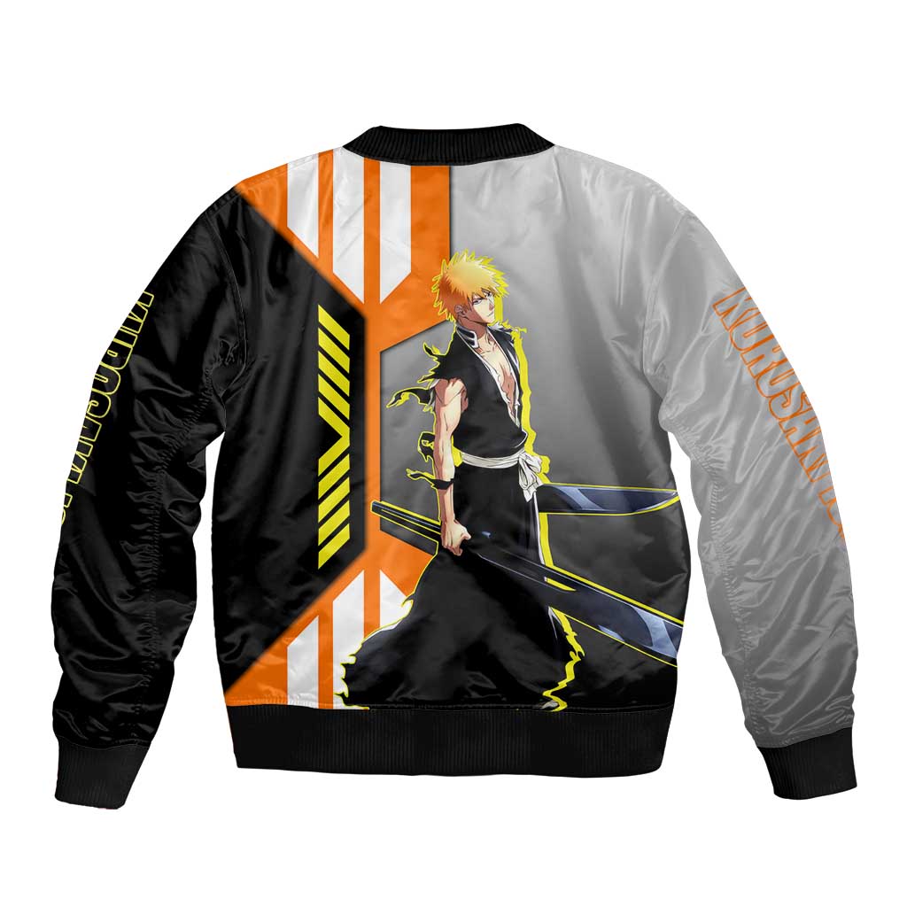 Ichigo Kurosaki from Bleach Sleeve Zip Bomber Jacket with Sword and Battle Ready Pose Design - The Mazicc