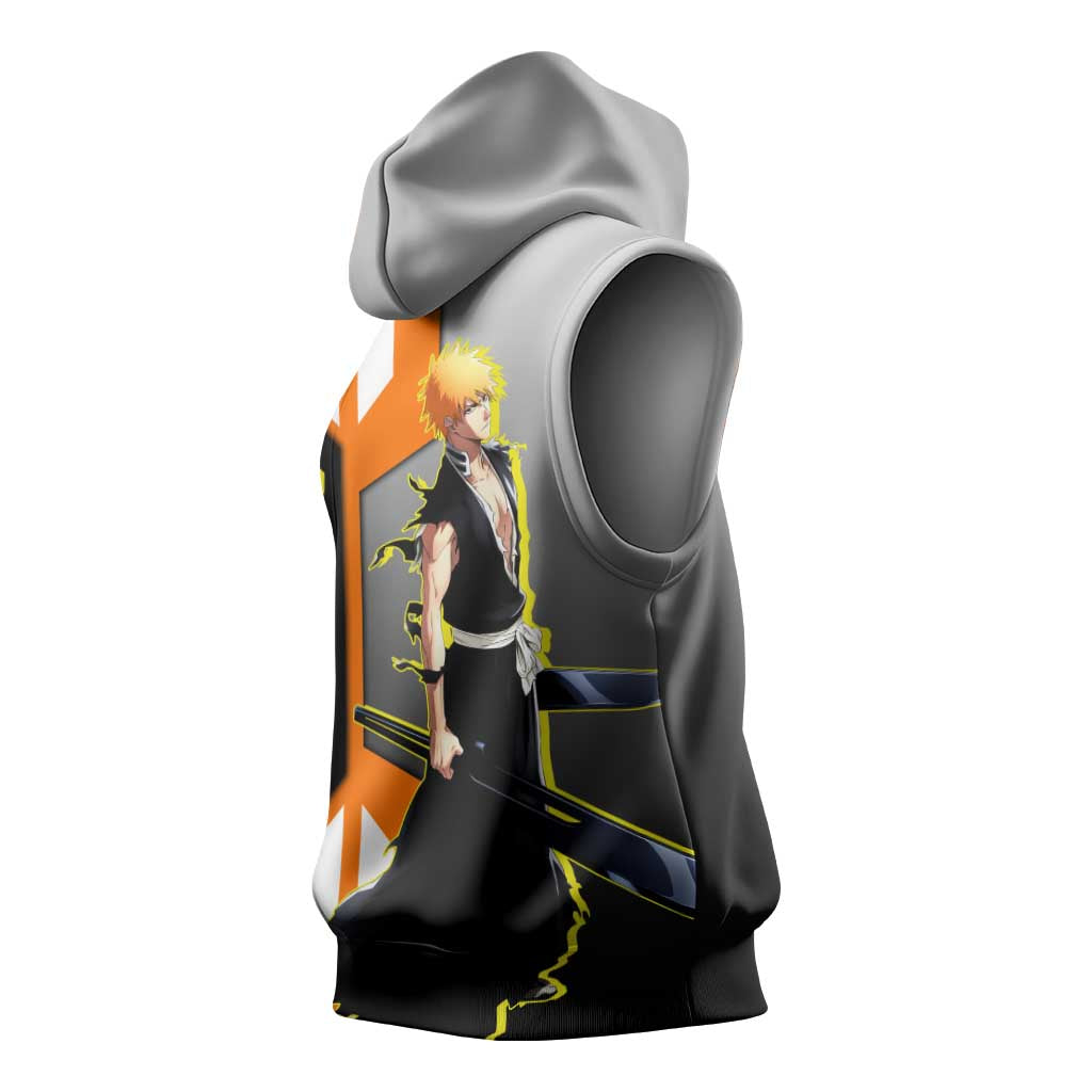 Ichigo Kurosaki from Bleach Sleeveless Hoodie with Sword and Battle Ready Pose Design - The Mazicc