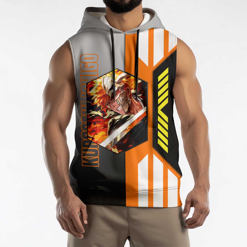 Ichigo Kurosaki from Bleach Sleeveless Hoodie with Sword and Battle Ready Pose Design - The Mazicc