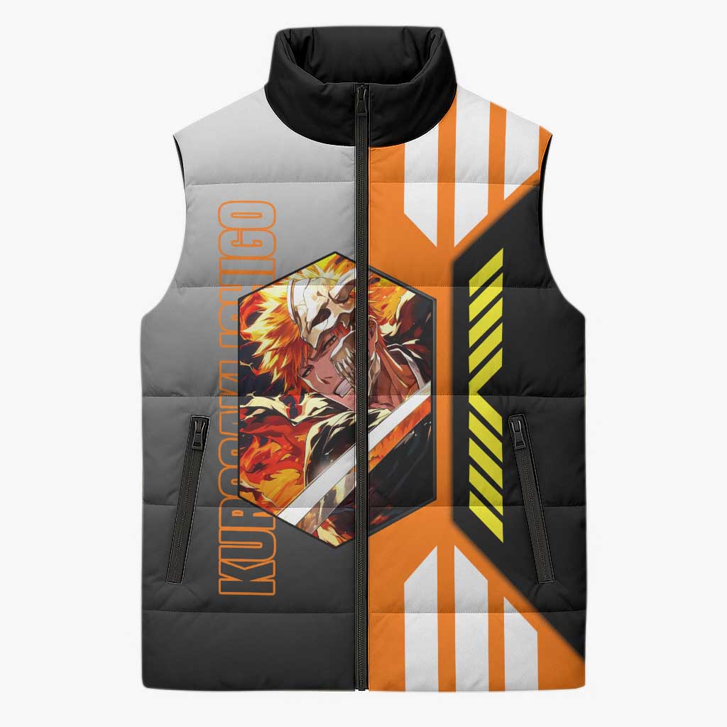 Ichigo Kurosaki from Bleach Sleeveless Puffer Jacket with Sword and Battle Ready Pose Design - The Mazicc