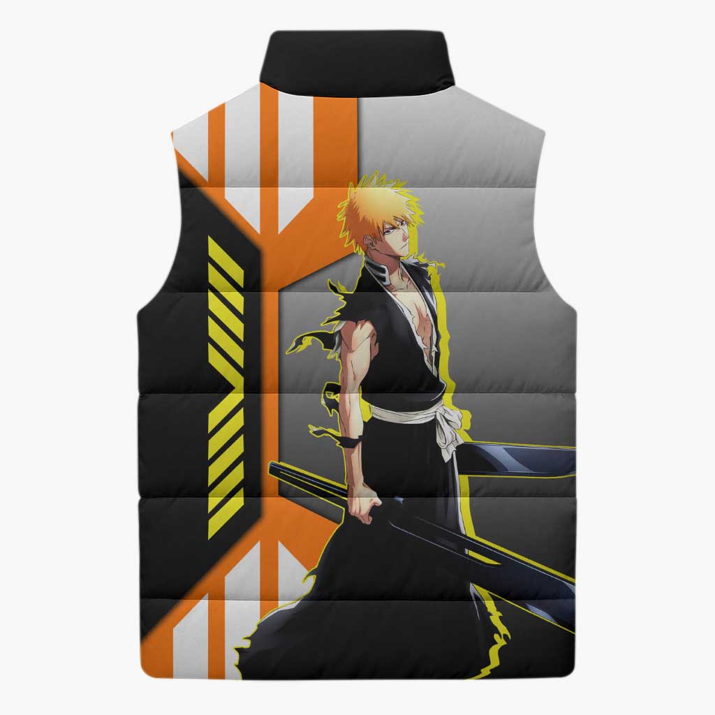 Ichigo Kurosaki from Bleach Sleeveless Puffer Jacket with Sword and Battle Ready Pose Design - The Mazicc