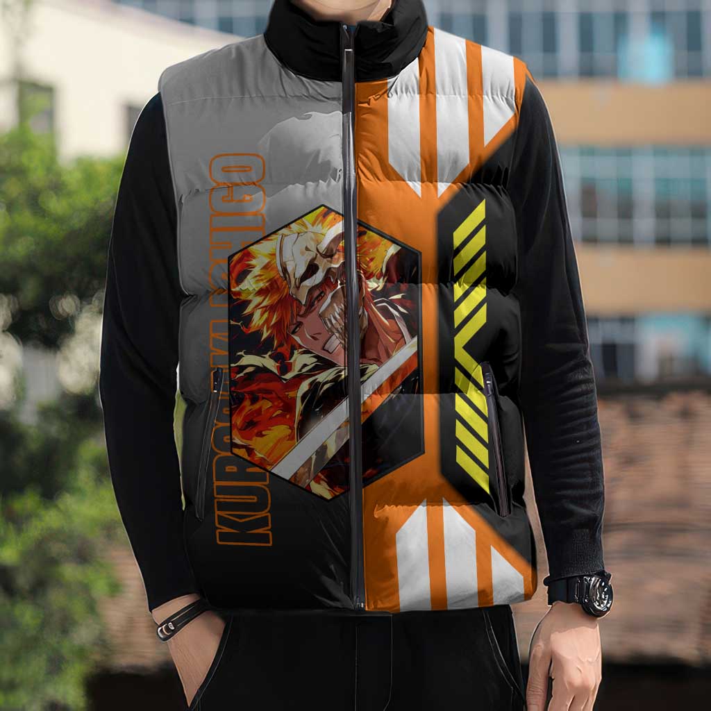 Ichigo Kurosaki from Bleach Sleeveless Puffer Jacket with Sword and Battle Ready Pose Design - The Mazicc