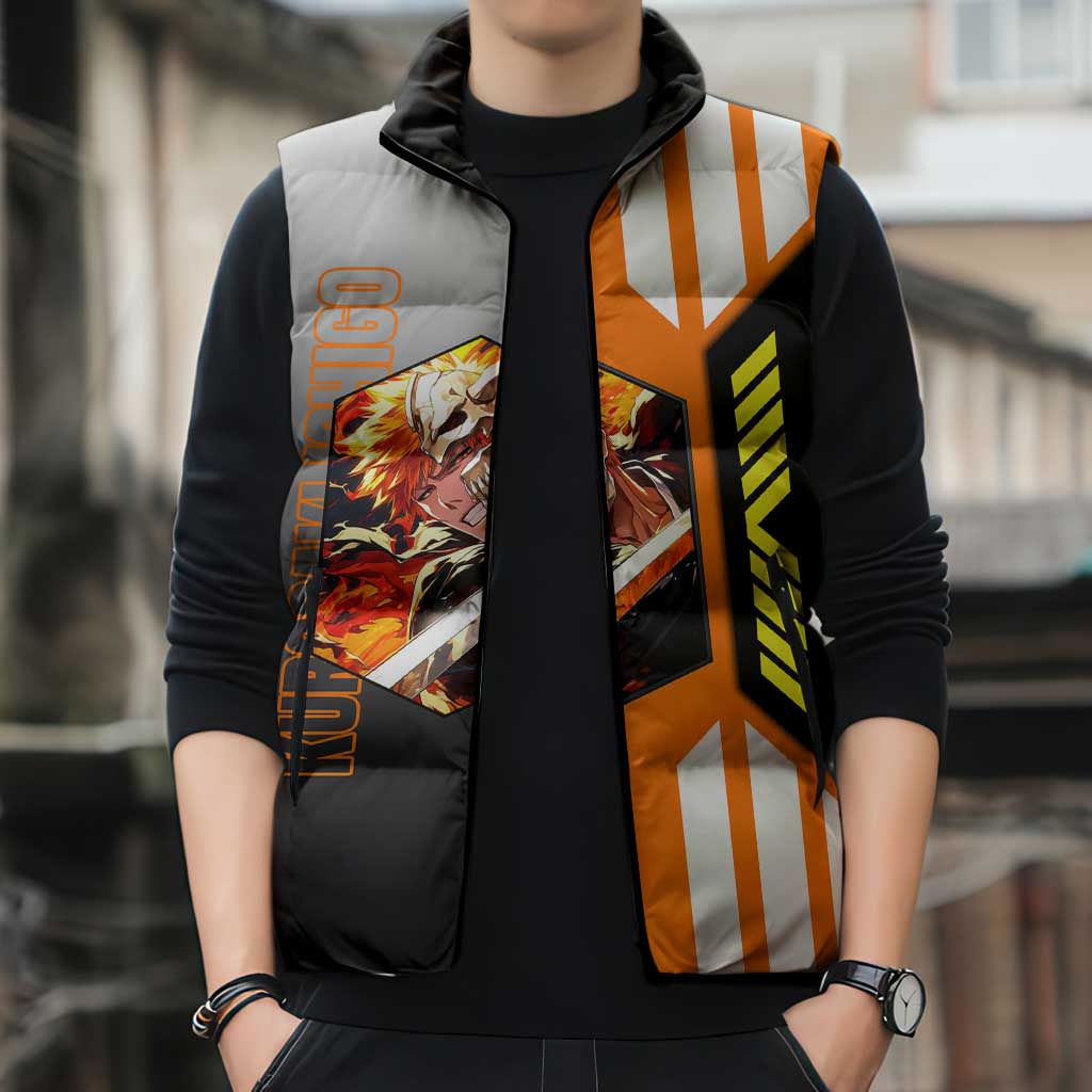 Ichigo Kurosaki from Bleach Sleeveless Puffer Jacket with Sword and Battle Ready Pose Design - The Mazicc