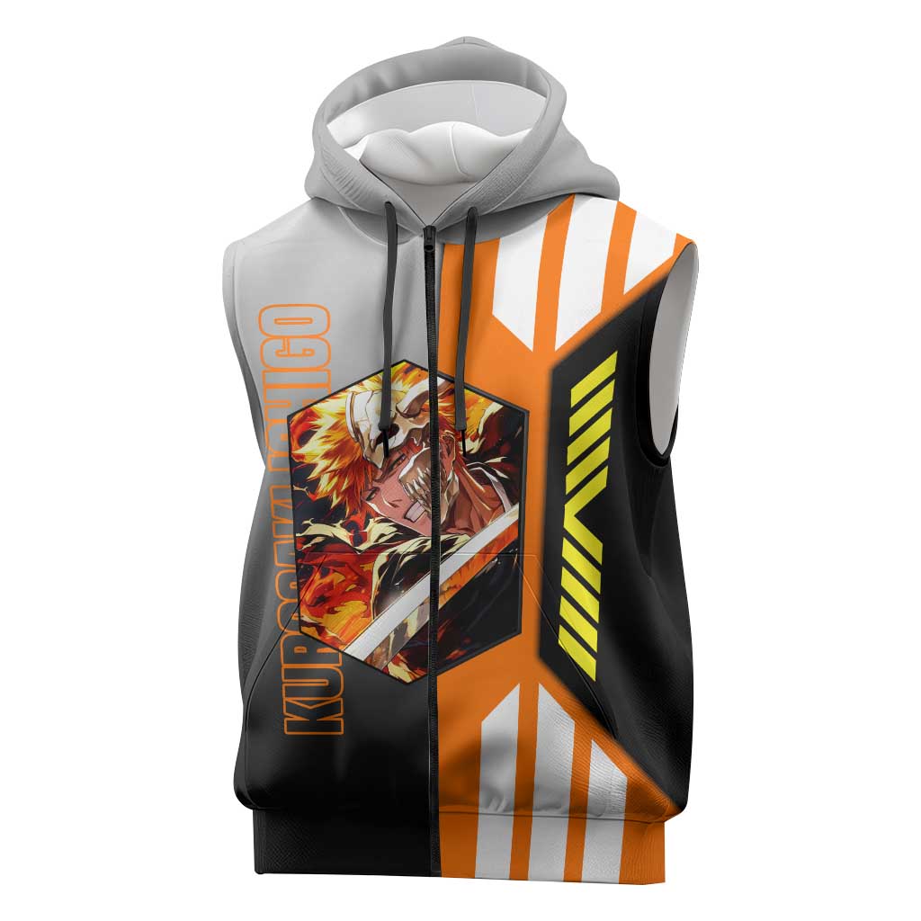 Ichigo Kurosaki from Bleach Sleeveless Zip Hoodie with Sword and Battle Ready Pose Design - The Mazicc