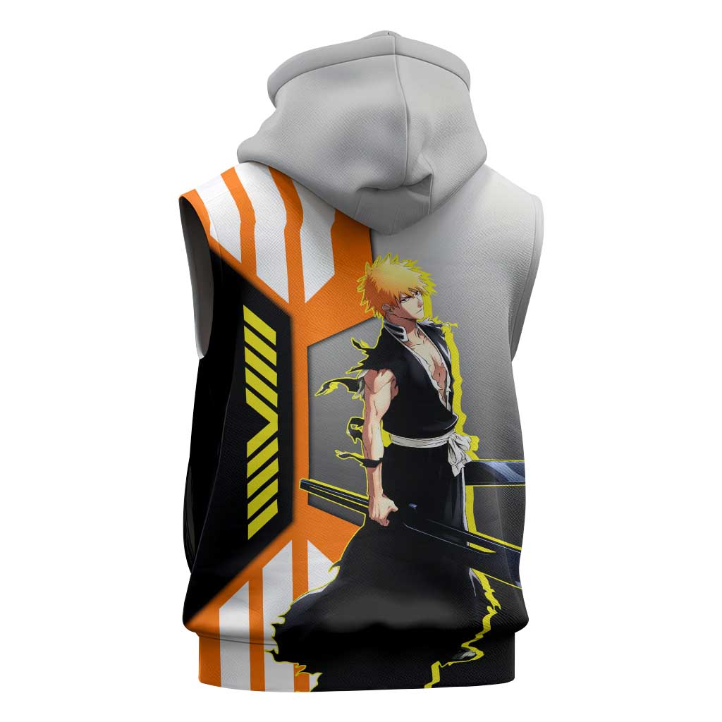 Ichigo Kurosaki from Bleach Sleeveless Zip Hoodie with Sword and Battle Ready Pose Design - The Mazicc