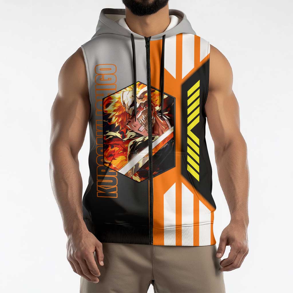 Ichigo Kurosaki from Bleach Sleeveless Zip Hoodie with Sword and Battle Ready Pose Design - The Mazicc