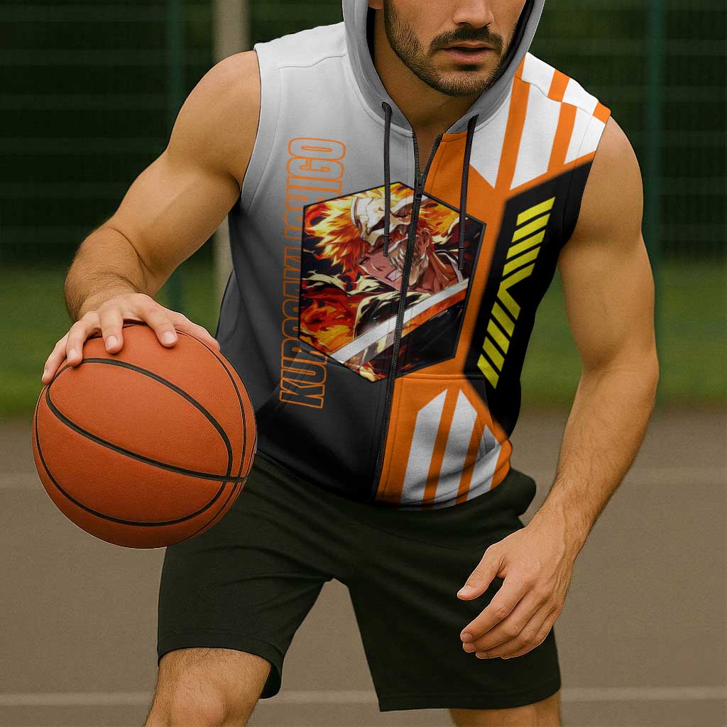 Ichigo Kurosaki from Bleach Sleeveless Zip Hoodie with Sword and Battle Ready Pose Design - The Mazicc