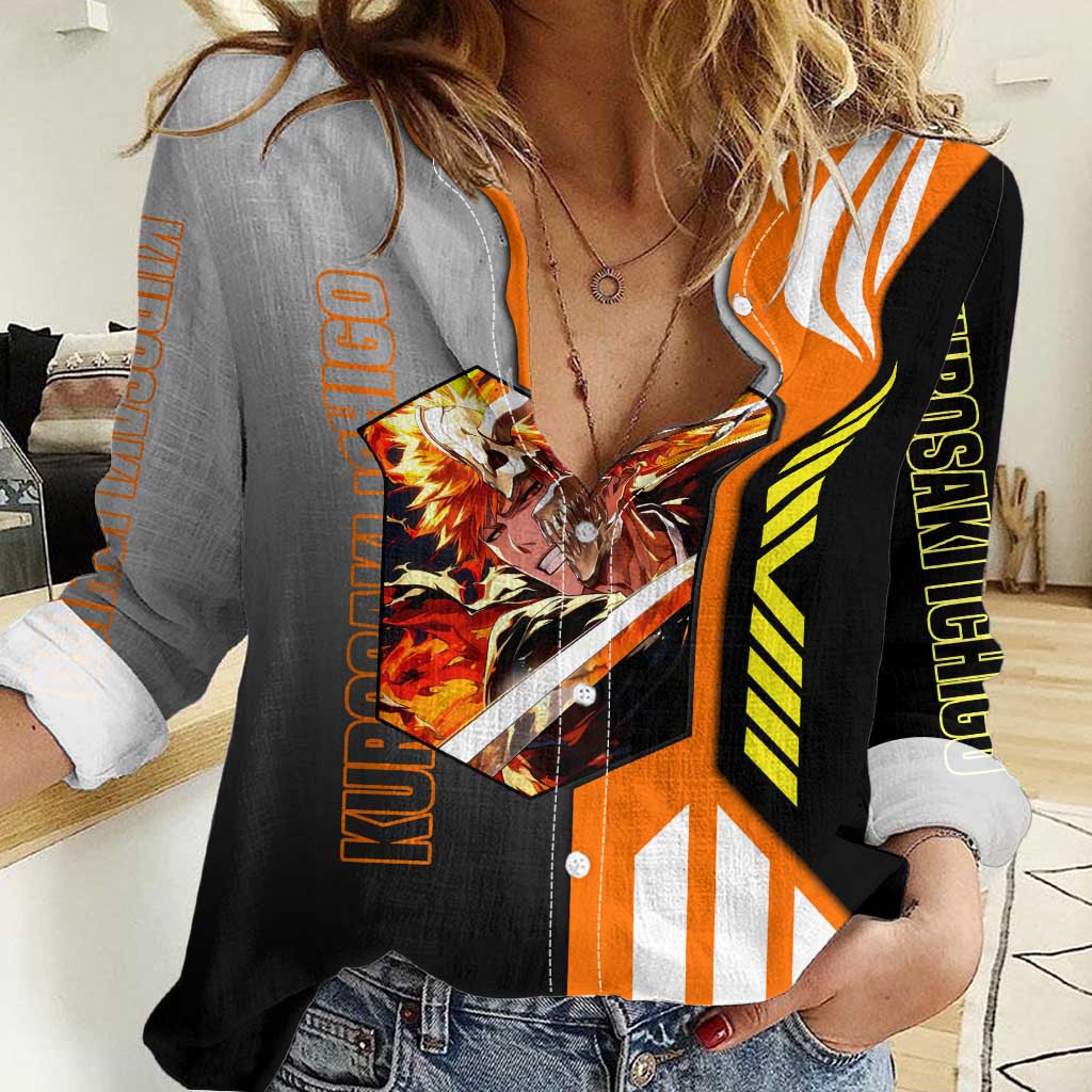 Ichigo Kurosaki from Bleach Women Casual Shirt with Sword and Battle Ready Pose Design - The Mazicc