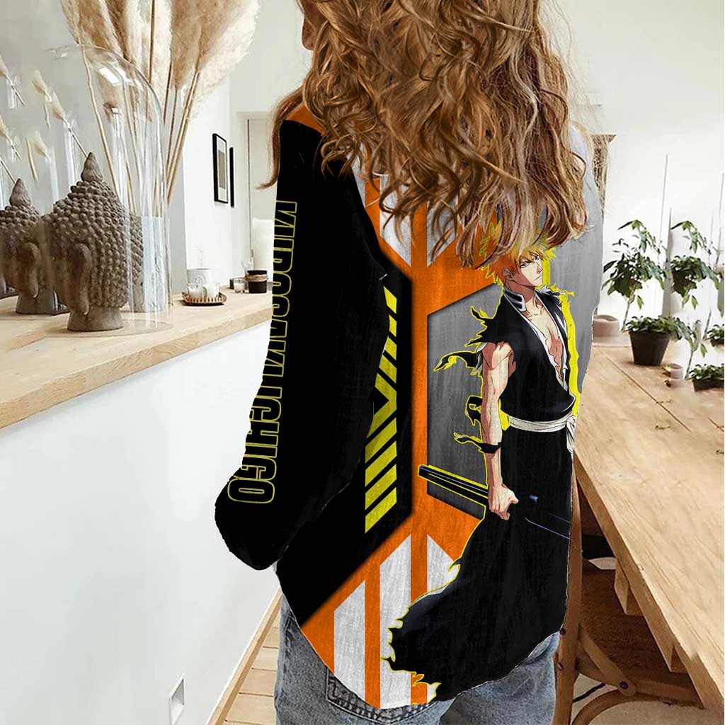 Ichigo Kurosaki from Bleach Women Casual Shirt with Sword and Battle Ready Pose Design - The Mazicc