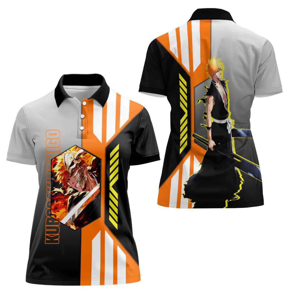 Ichigo Kurosaki from Bleach Women Polo Shirt with Sword and Battle Ready Pose Design - The Mazicc