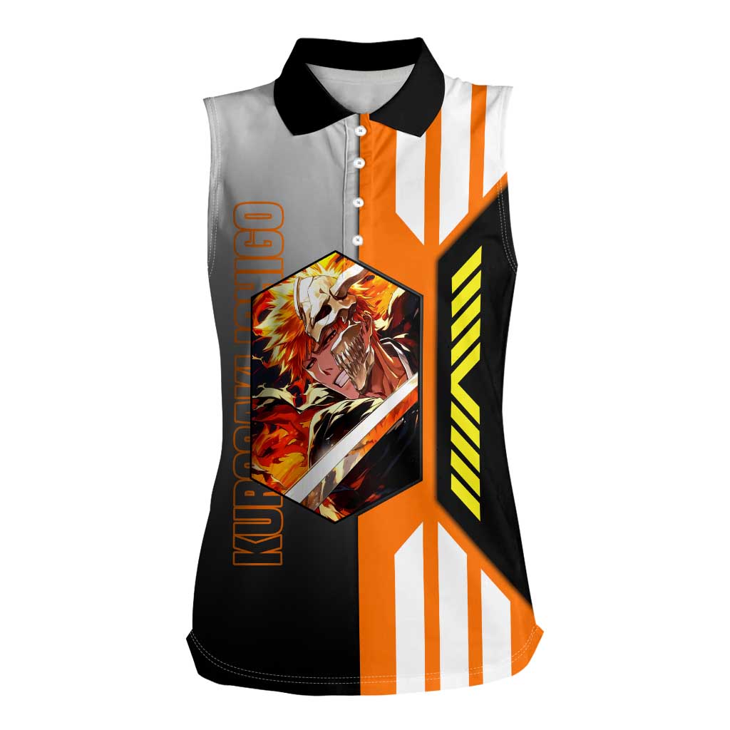 Ichigo Kurosaki from Bleach Women Sleeveless Polo Shirt with Sword and Battle Ready Pose Design - The Mazicc