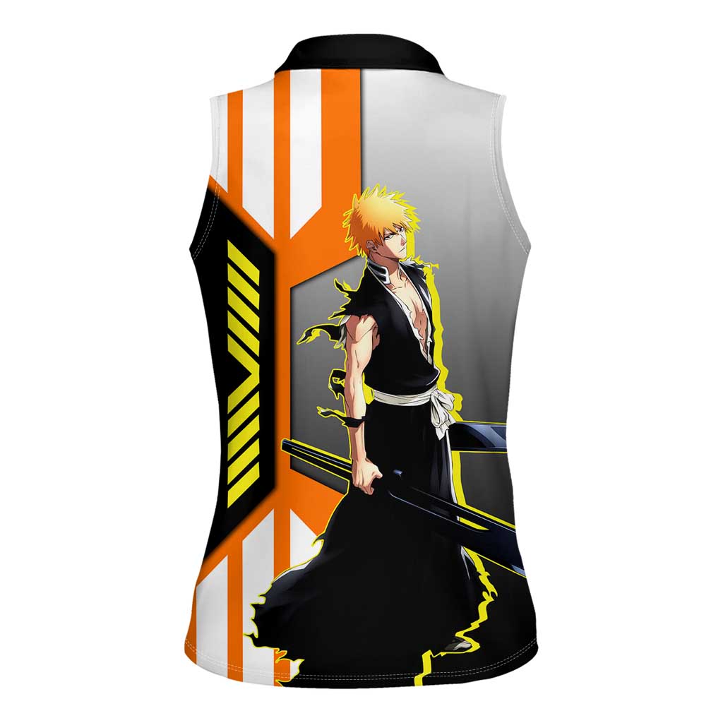 Ichigo Kurosaki from Bleach Women Sleeveless Polo Shirt with Sword and Battle Ready Pose Design - The Mazicc