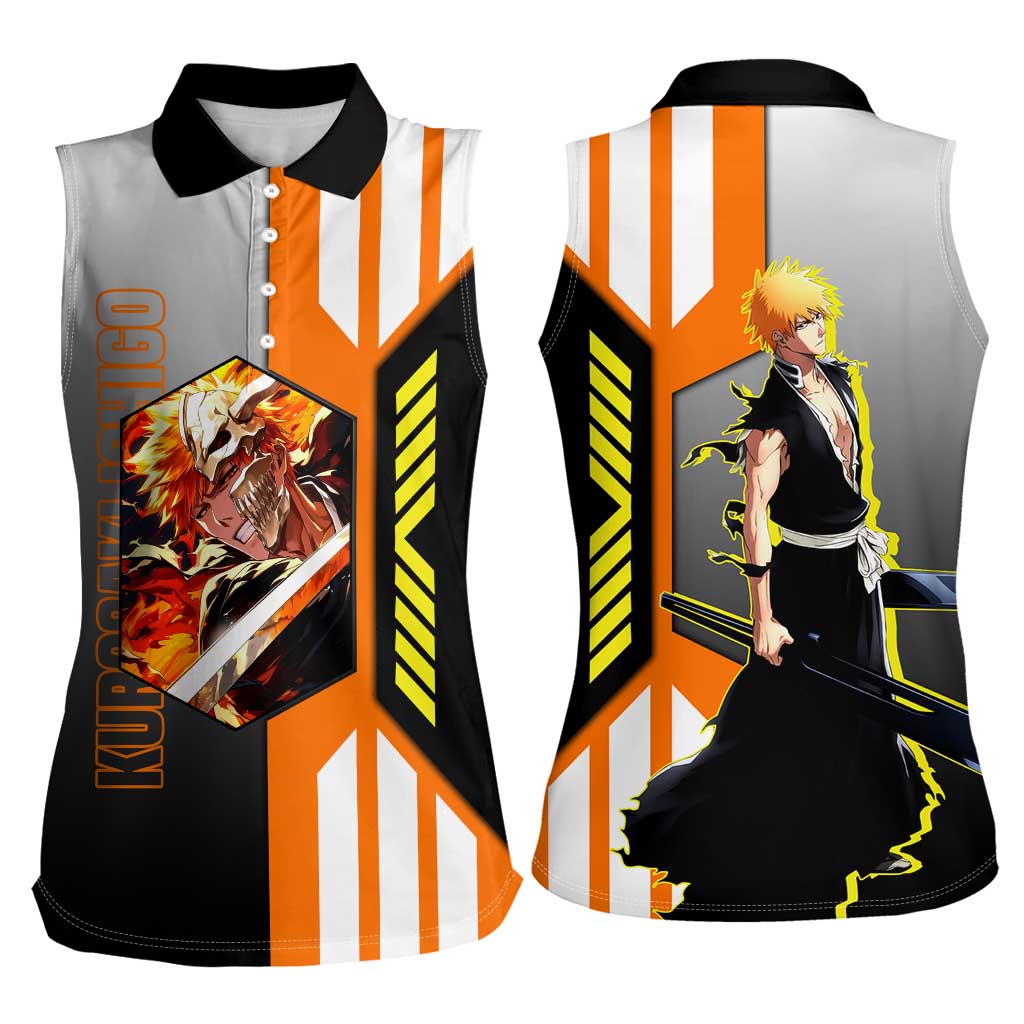 Ichigo Kurosaki from Bleach Women Sleeveless Polo Shirt with Sword and Battle Ready Pose Design - The Mazicc