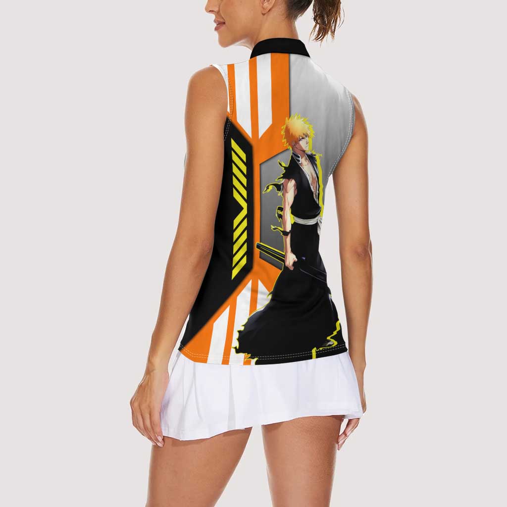 Ichigo Kurosaki from Bleach Women Sleeveless Polo Shirt with Sword and Battle Ready Pose Design - The Mazicc