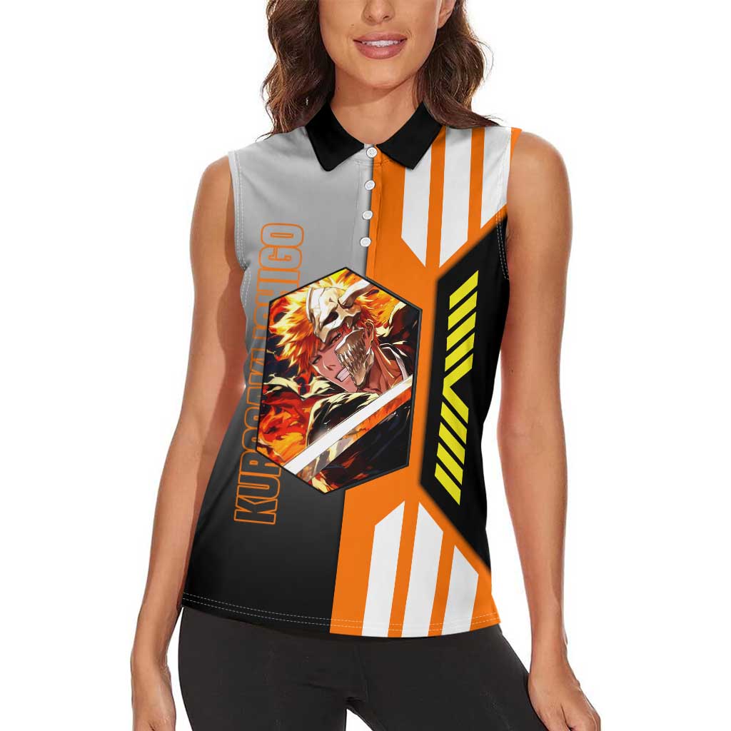 Ichigo Kurosaki from Bleach Women Sleeveless Polo Shirt with Sword and Battle Ready Pose Design - The Mazicc