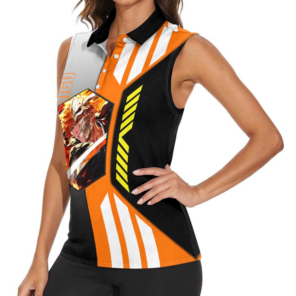 Ichigo Kurosaki from Bleach Women Sleeveless Polo Shirt with Sword and Battle Ready Pose Design - The Mazicc