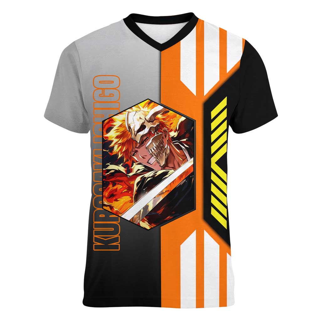 Ichigo Kurosaki from Bleach Women V-Neck T-Shirt with Sword and Battle Ready Pose Design - The Mazicc