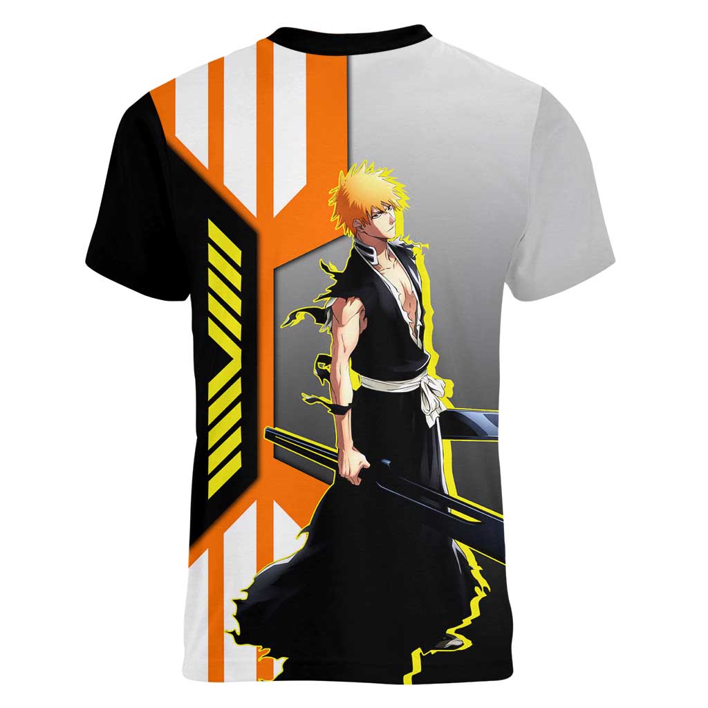 Ichigo Kurosaki from Bleach Women V-Neck T-Shirt with Sword and Battle Ready Pose Design - The Mazicc