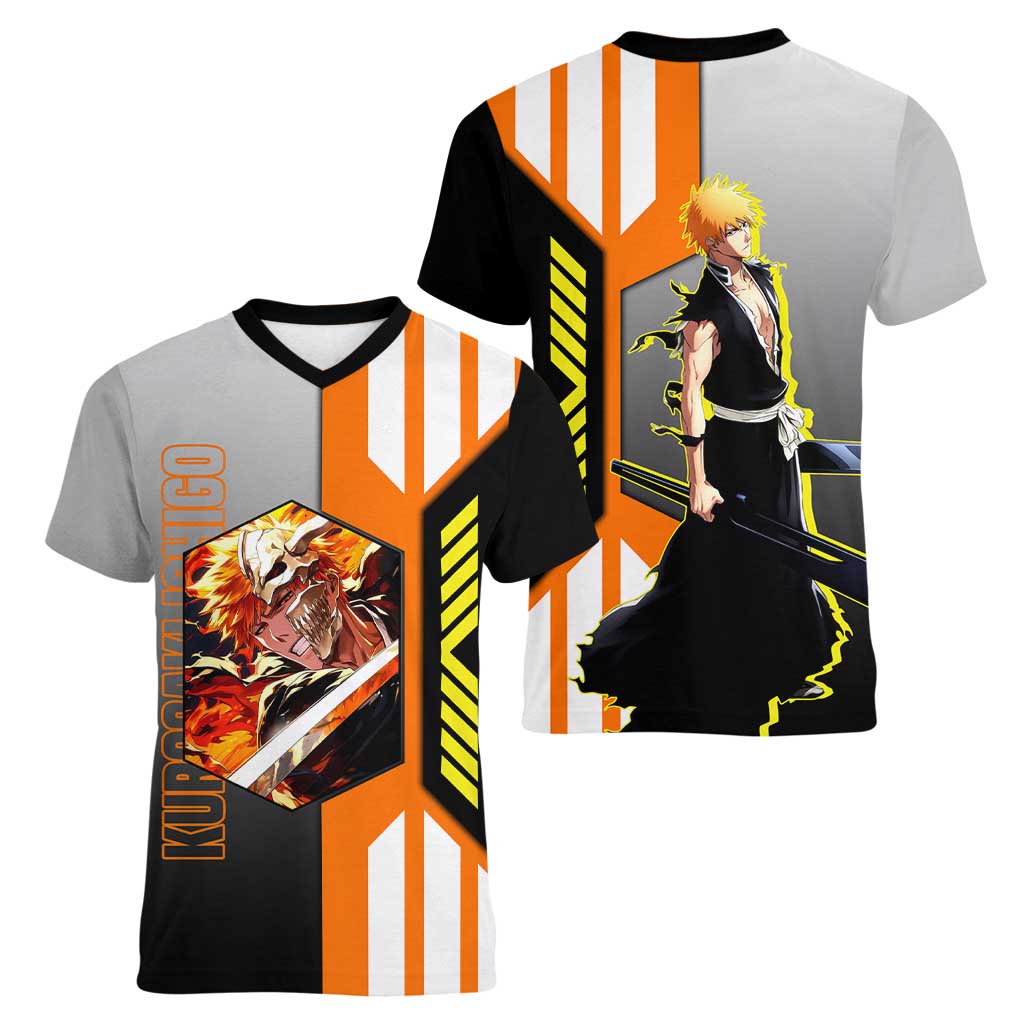 Ichigo Kurosaki from Bleach Women V-Neck T-Shirt with Sword and Battle Ready Pose Design - The Mazicc