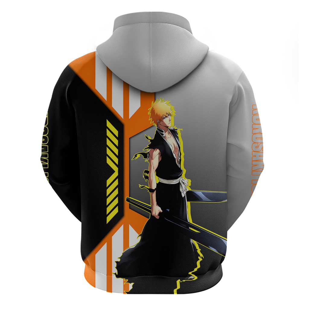 Ichigo Kurosaki from Bleach Zip Hoodie with Sword and Battle Ready Pose Design - The Mazicc