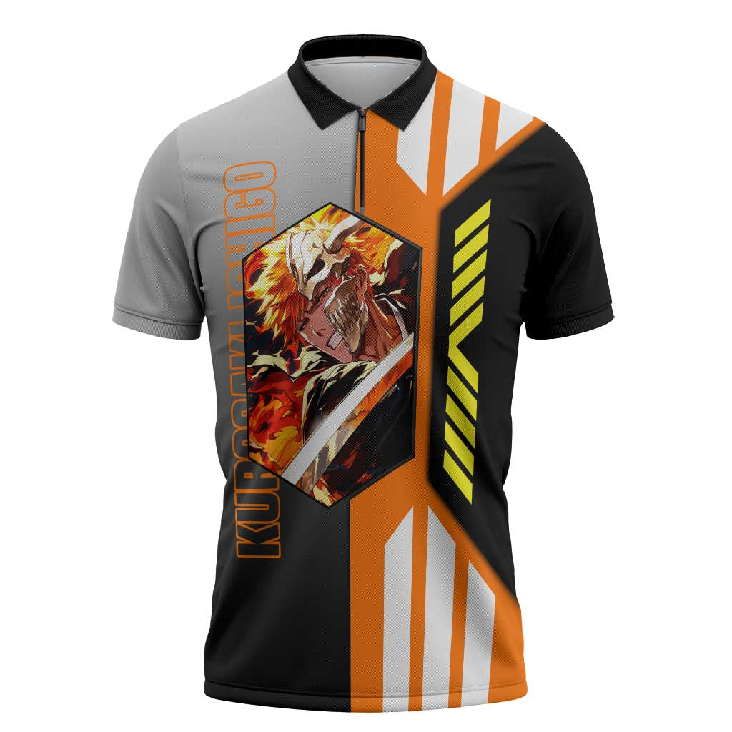 Ichigo Kurosaki from Bleach Zipper Polo Shirt with Sword and Battle Ready Pose Design - The Mazicc