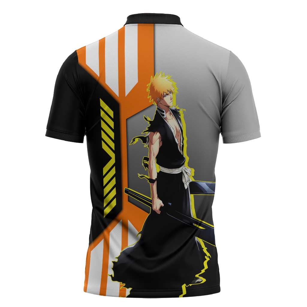 Ichigo Kurosaki from Bleach Zipper Polo Shirt with Sword and Battle Ready Pose Design - The Mazicc